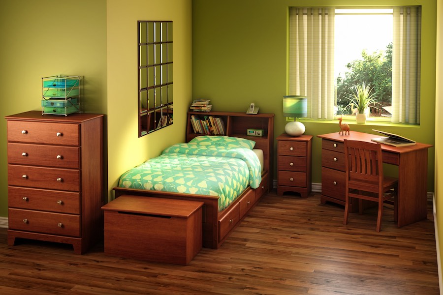 College Woodwork Dover Twin Bed with Bookcase Headboard, 5 Drawer Chest, Desk, Nightstand & Storage Box