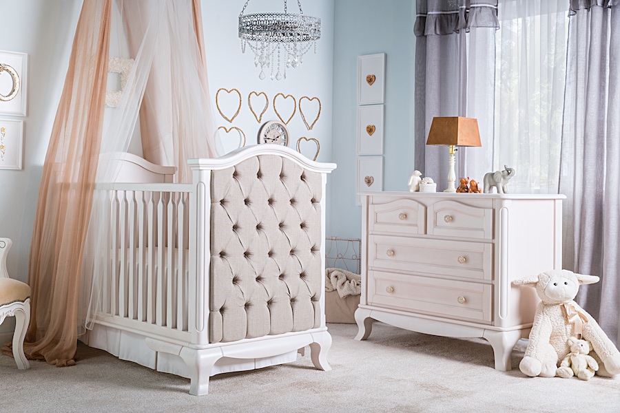 Romina Cleopatra Crib & Dresser with Tufted Panel in Bianco Satinato