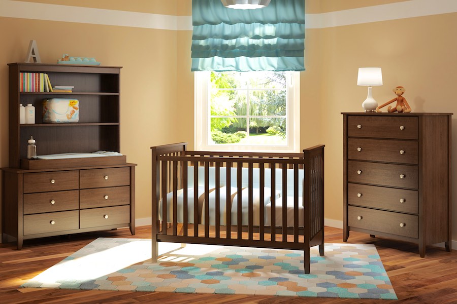 Offspring Hastings Traditional Crib, 6 Drawer Dresser with Hutch and 5 Drawer Chest in Java