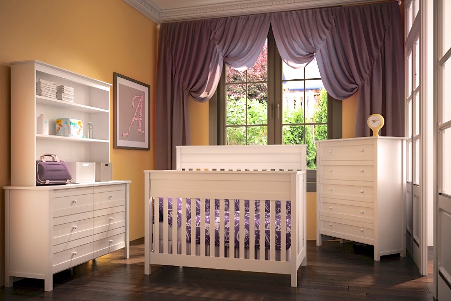 Offspring Terrace Crib, 6 Drawer Dresser with Hutch & Chest in White