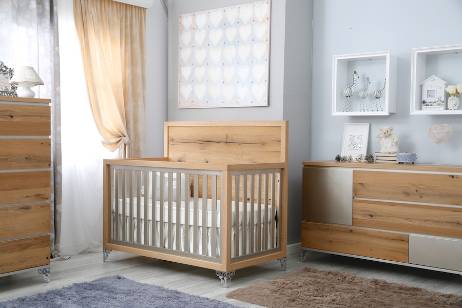 Romina Pandora Crib & Dresser in Oak & Silver