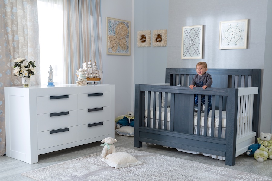 navy blue crib and dresser