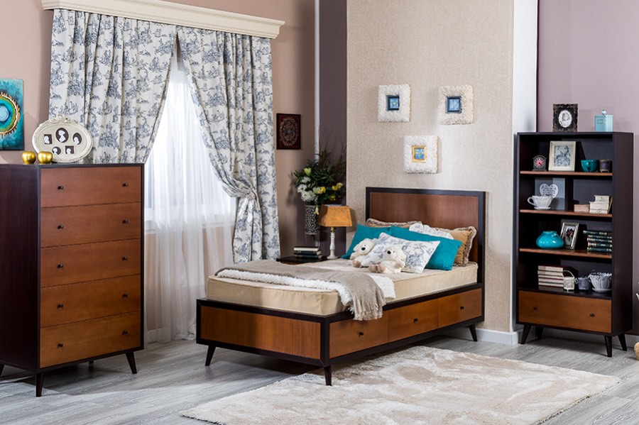 Romina New York Twin Bed, Chest & Bookcase in Bruno Antico