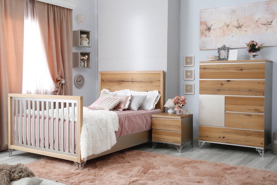 Romina Pandora Converted Full Bed, Chest & NIghtstand in Oak & Argento