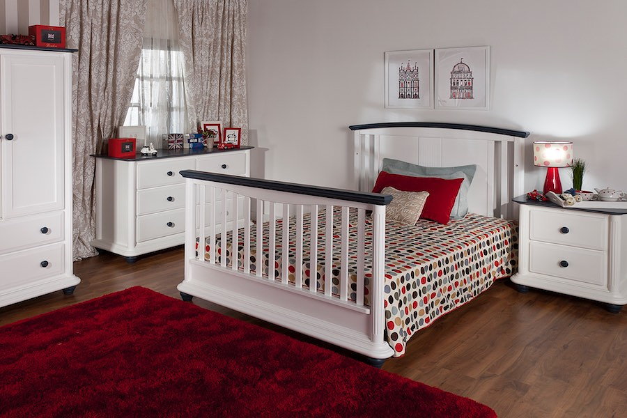 Romina Verona Converted Full Bed, Double Dresser, Armoire & NIghtstand in White & Navy