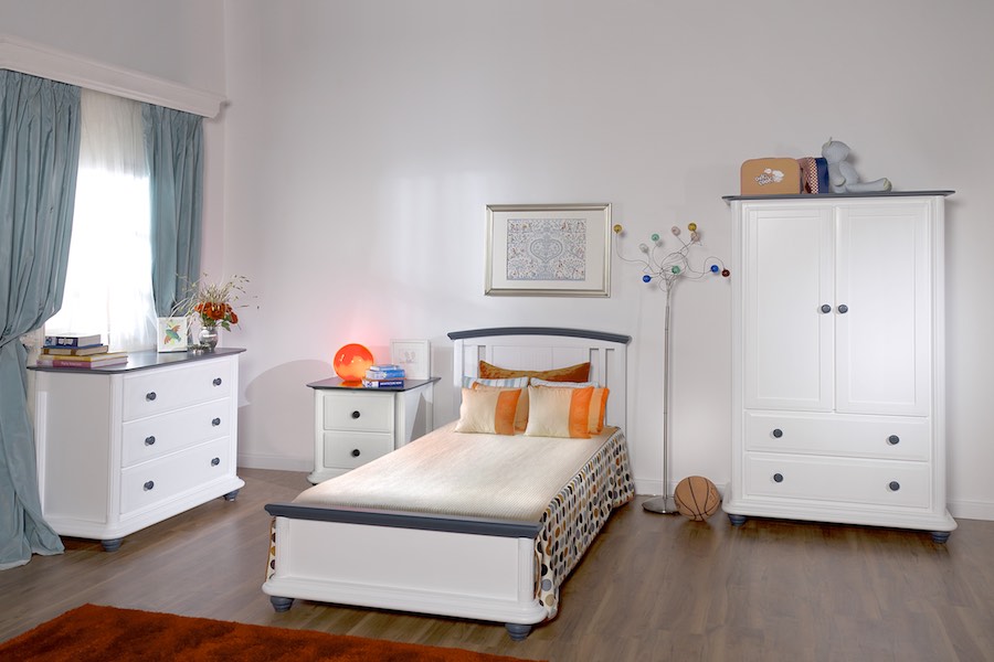 Romina Verona Twin Bed, Double Dresser, Armoise & NIghtstand in White & Navy