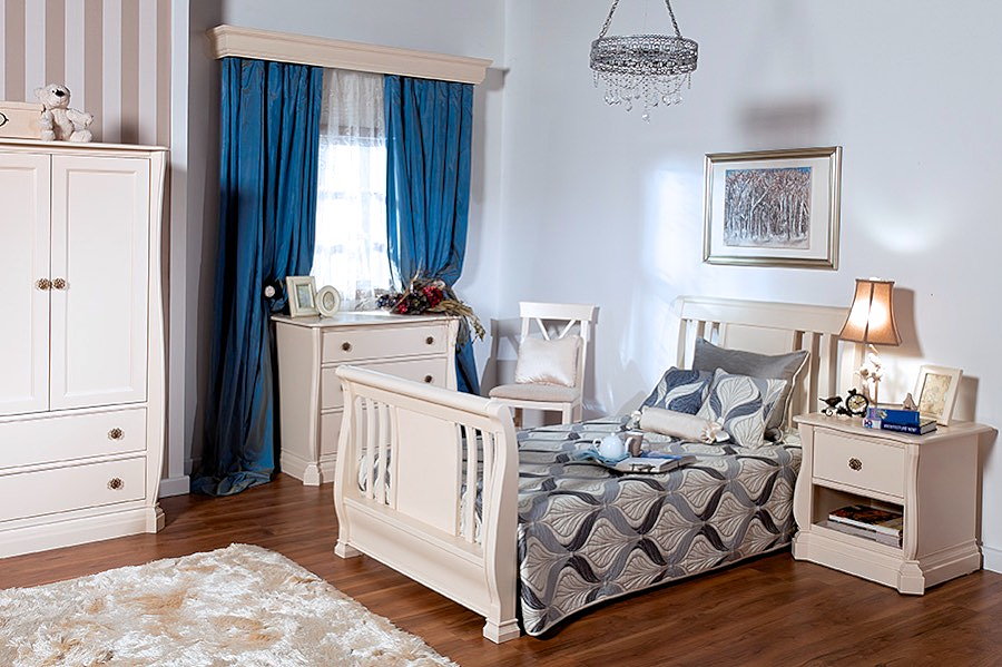 Romina Violini Twin Bed, Armoire, Single Dresser & Nightstand in Bianco Satinato